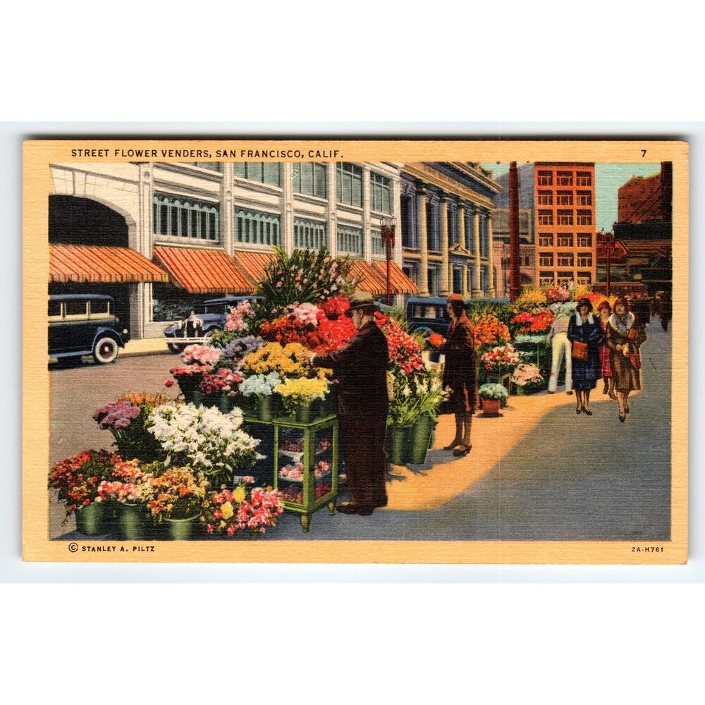 Vintage Linen Postcard San Francisco Street Flower Venders 1940s